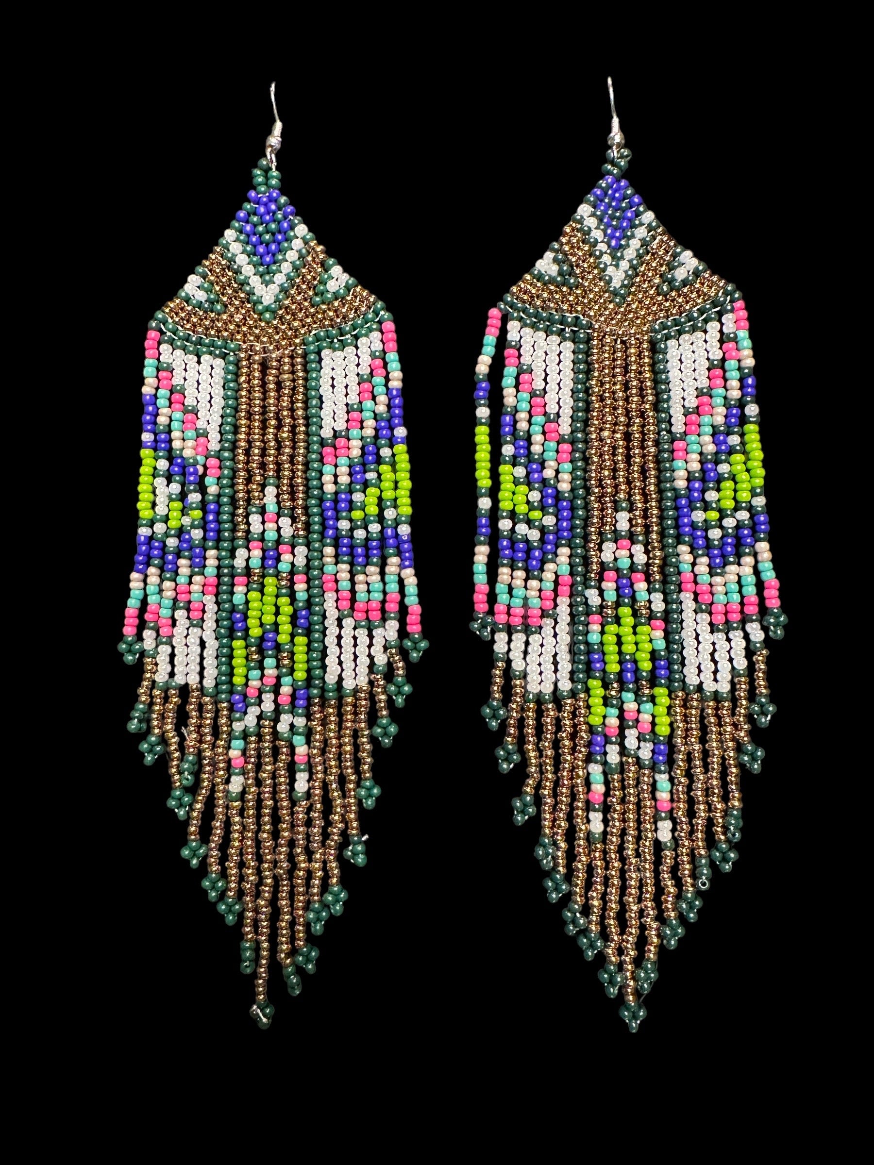 Boho Beaded Earrings in White, Gold, &amp; Green