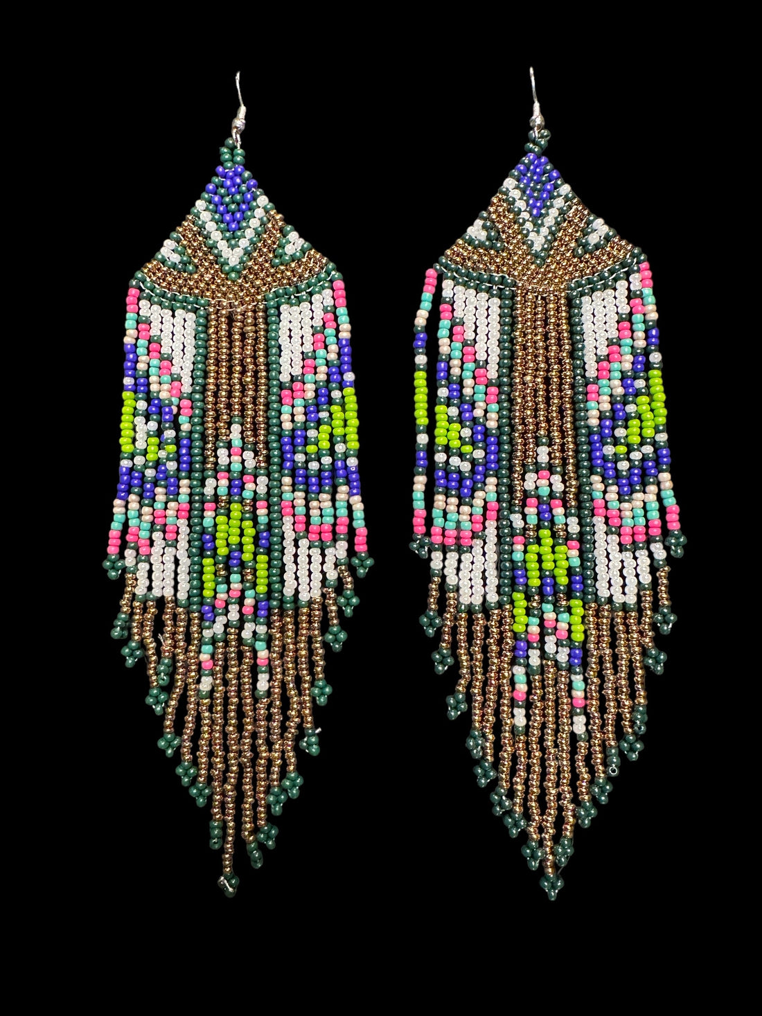 Boho Beaded Earrings in White, Gold, & Green